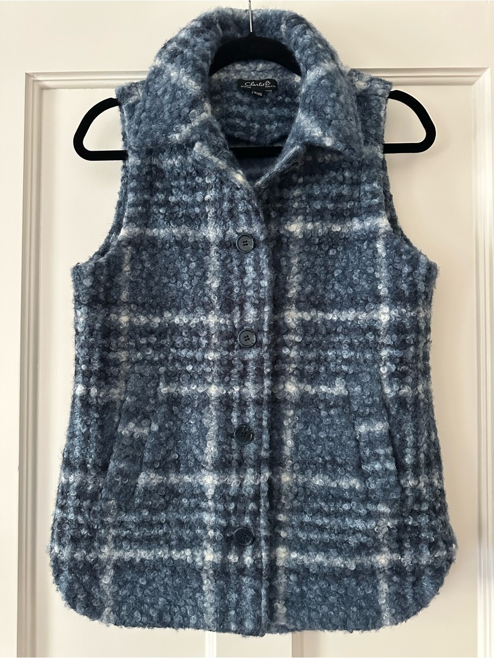 CHARLIE B Blue and White Plaid Boucle Knit Vest Jacket